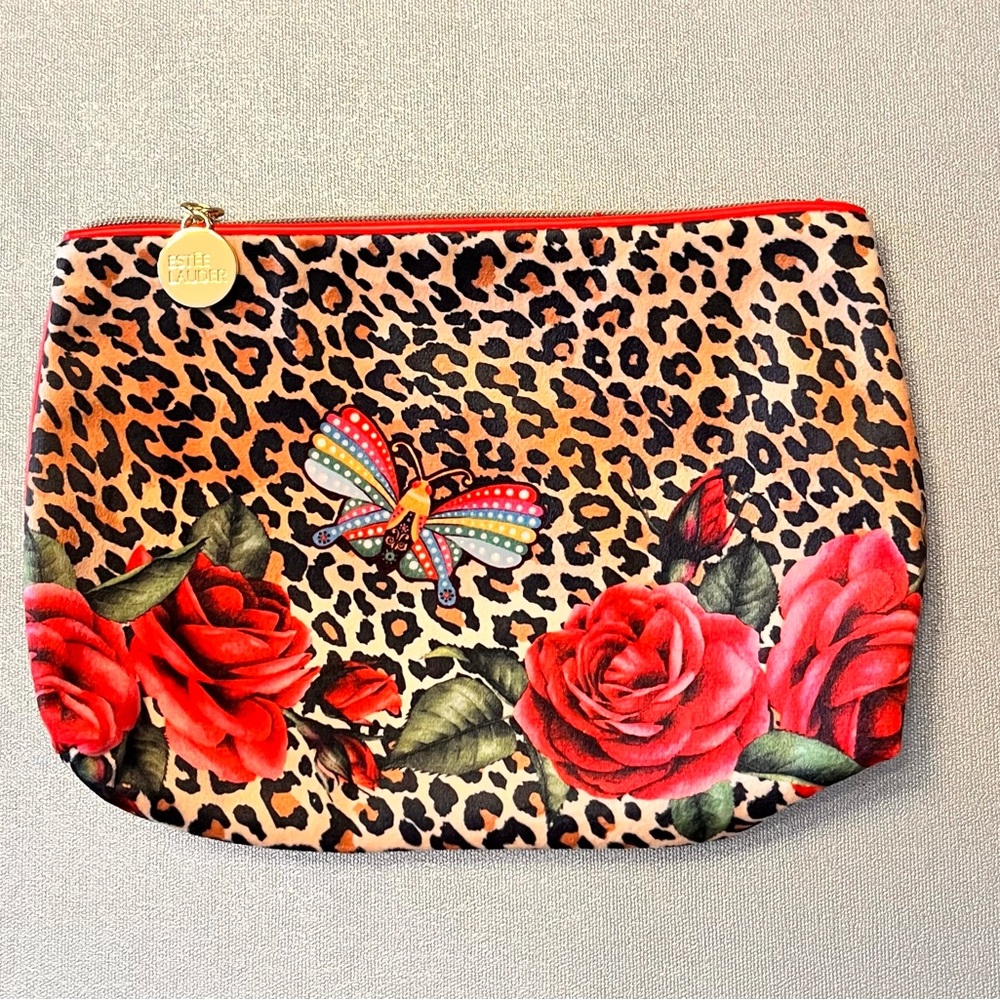 Estee Lauder Leopard Print & Butterfly Roses Soft Makeup Bag Cosmic/ Toiletry